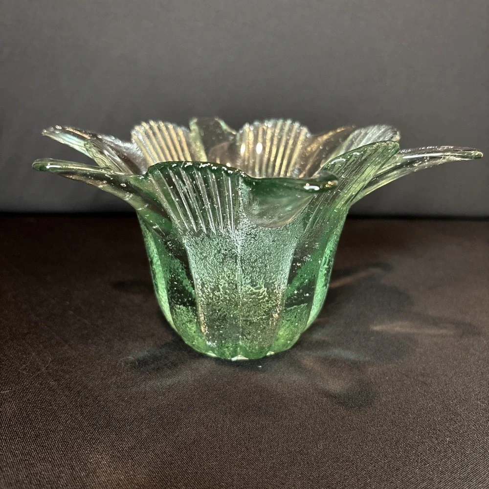 Flower Petal Glass Bowl Green Tint 100% Recycled Vase Lily Accent Made In Spain
